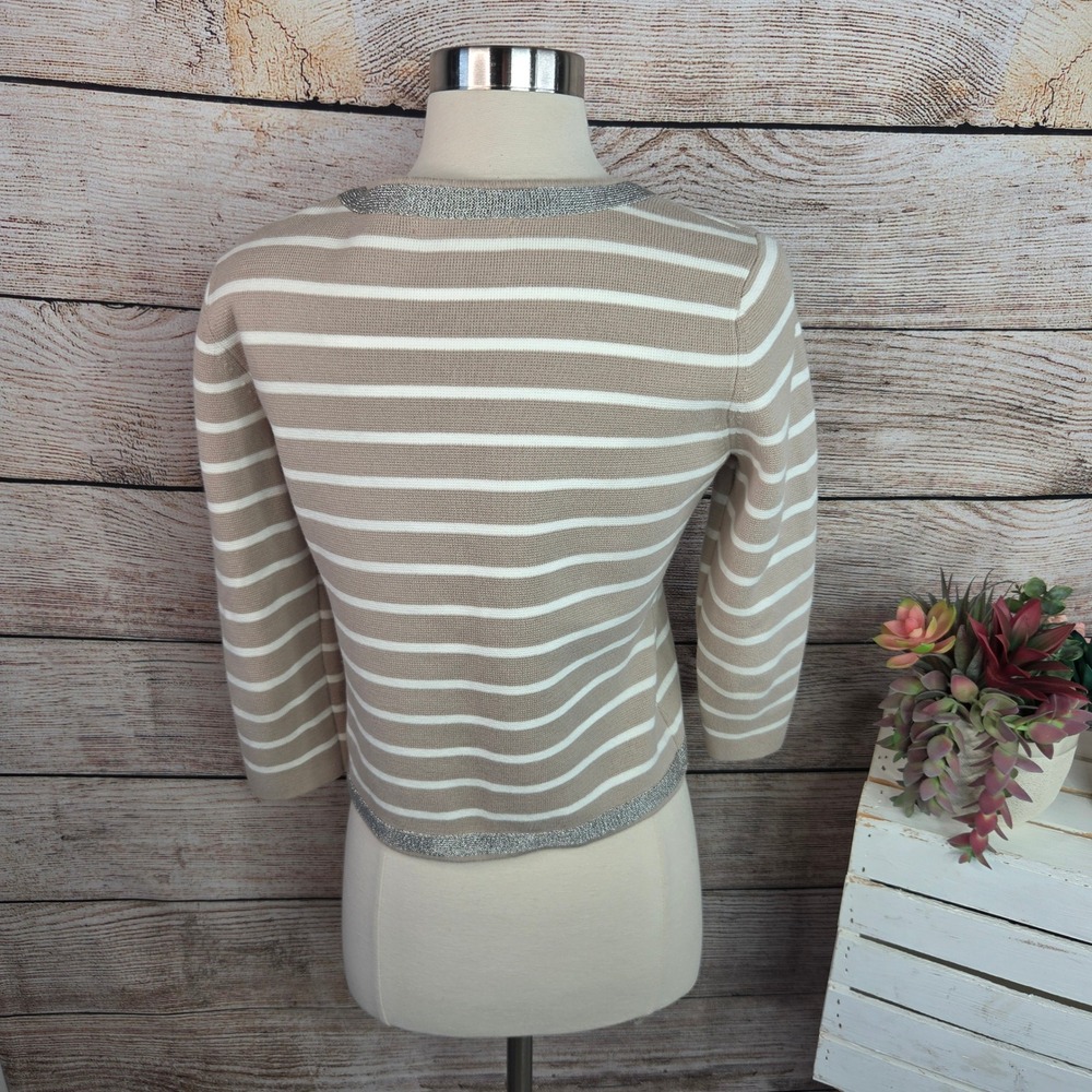 Banana Republic Petite M Tan White Striped Cardigan Metallic Trim 3/4 Sleeve - Picture 3 of 7